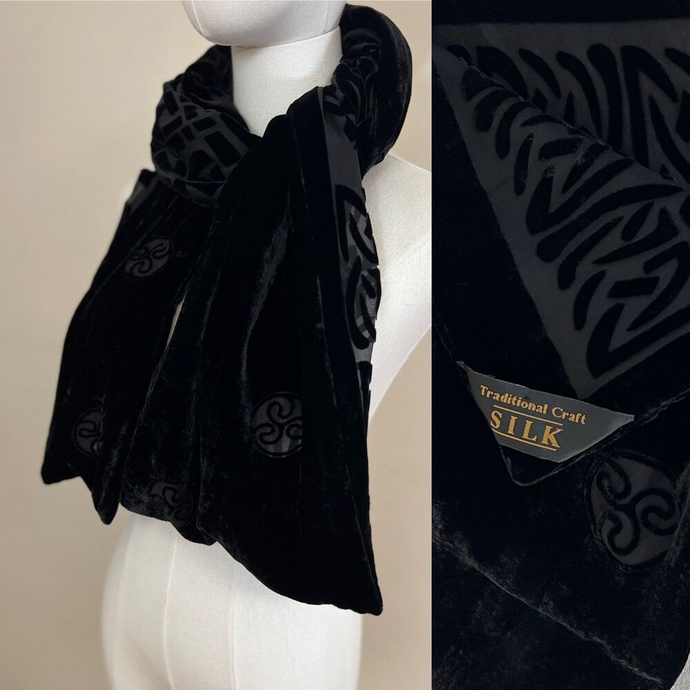 Traditional Craft Silk Black Devoré Burnout Velvet Scarf Celtic Pattern
